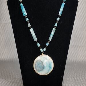Carved AZTEC SunTurquoise Agate Stone Branded Pendant Necklace 15"L
